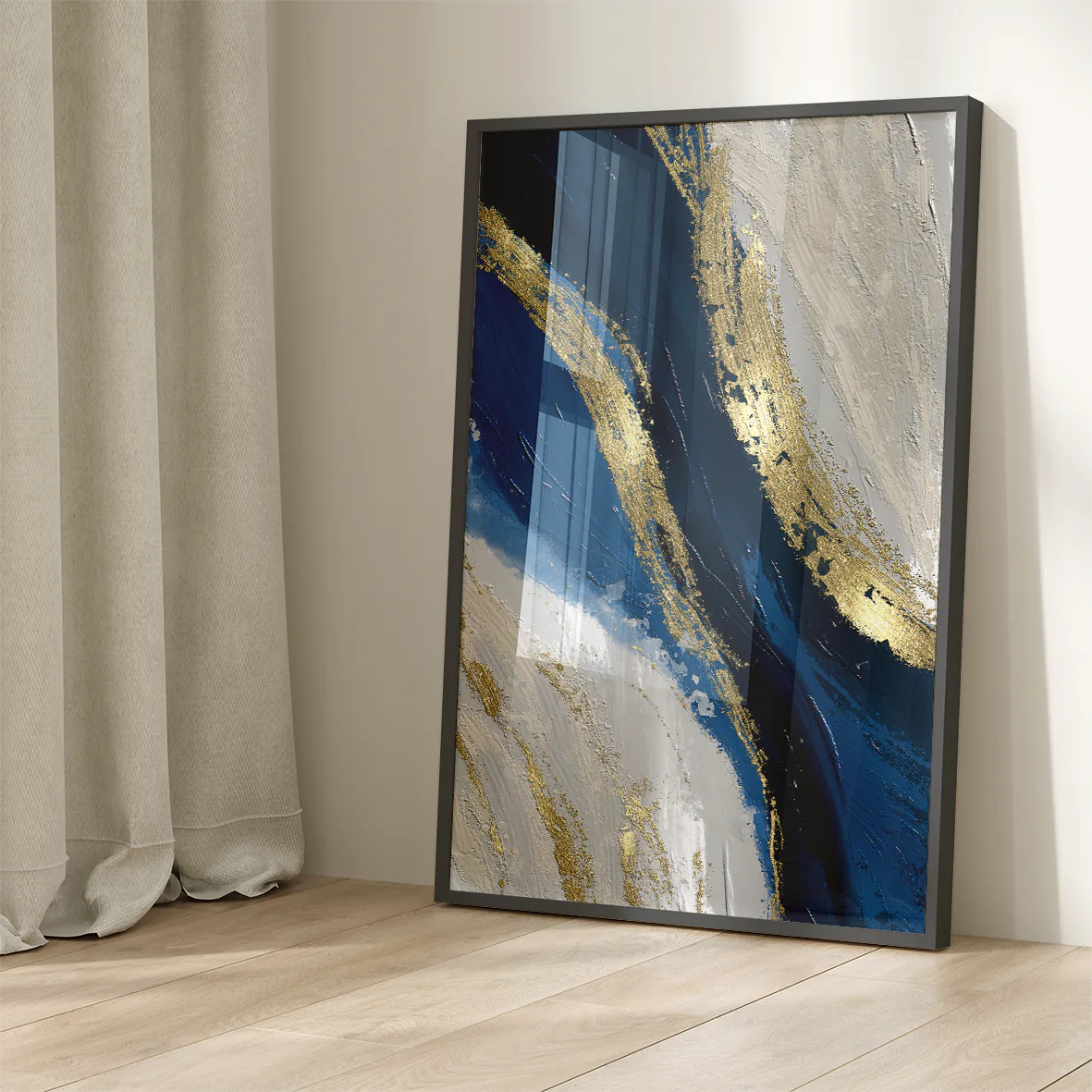 Luxurious abstract painting with indigo and gold leaf details