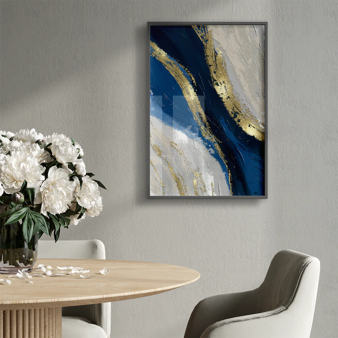 Luxurious abstract painting with indigo and gold leaf details