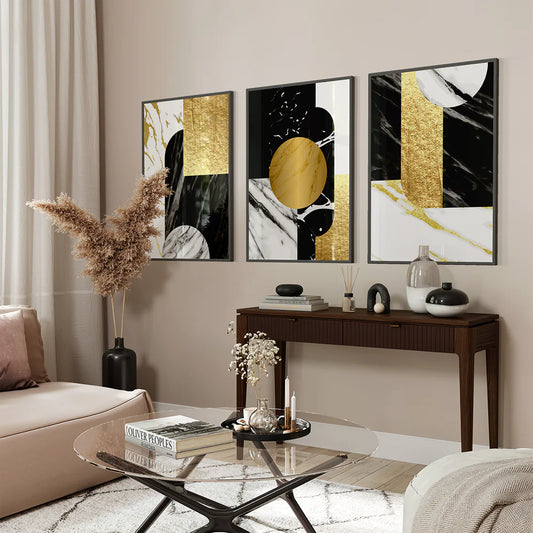 Marble Elegance: Geometric Gold Series. Set of 3 Designer Fashion Prints