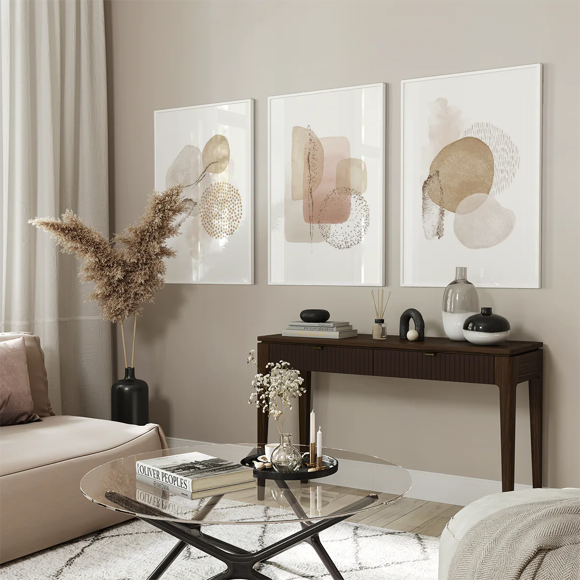 Triptych of neutral-toned abstract art with soft textures