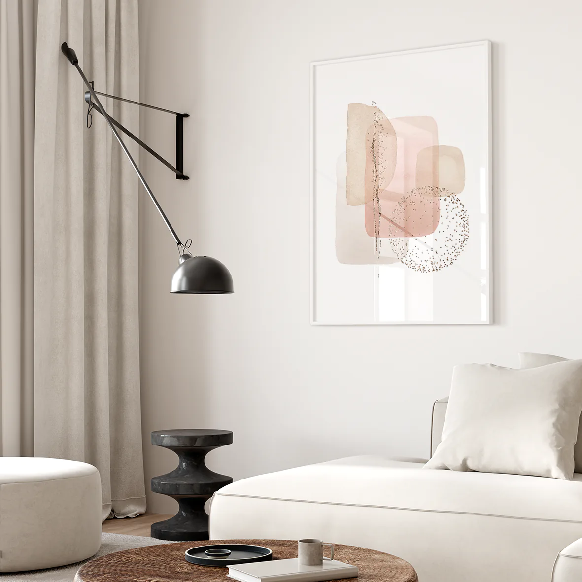 Triptych of neutral-toned abstract art with soft textures