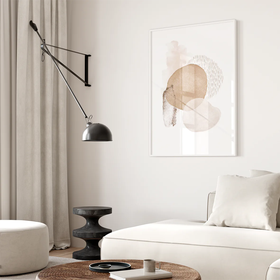 Triptych of neutral-toned abstract art with soft textures