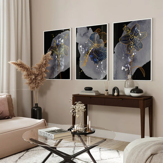 Midnight Flora Elegance. Abstract Floral Wall Art. Luxury Designer set of 3 Prints.