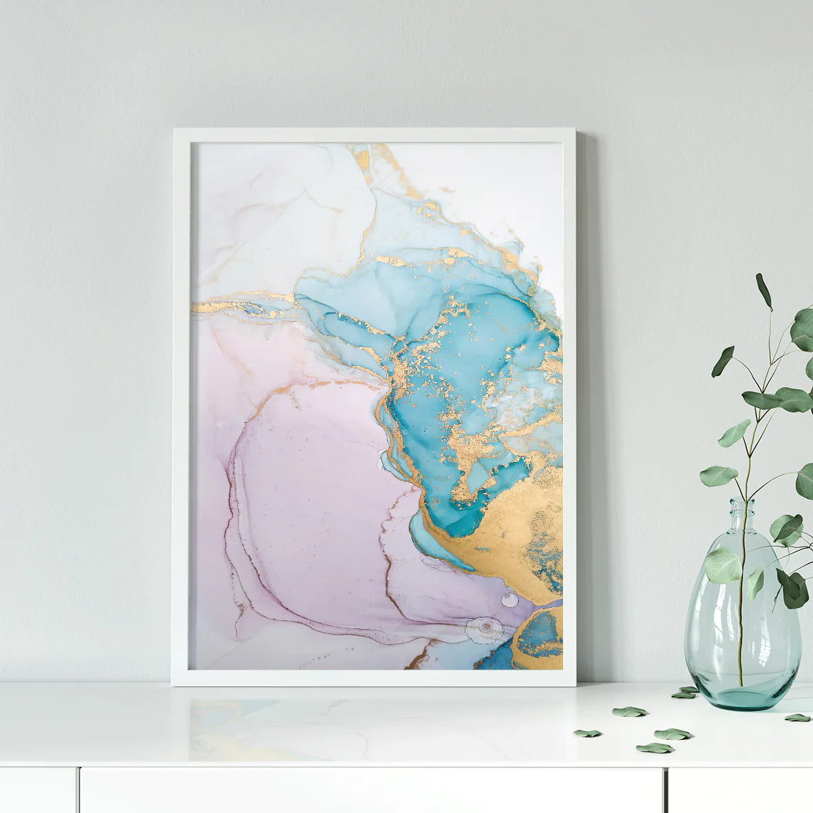 Luxurious abstract canvas featuring a blend of pastel pink and turquoise with gold accents