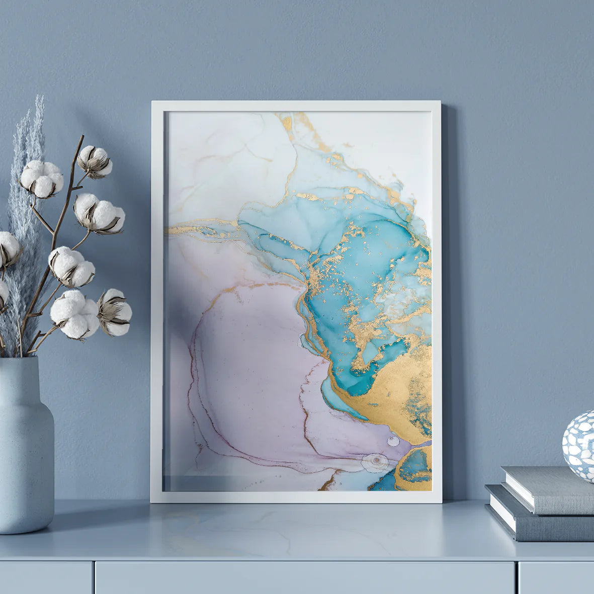 Luxurious abstract canvas featuring a blend of pastel pink and turquoise with gold accents