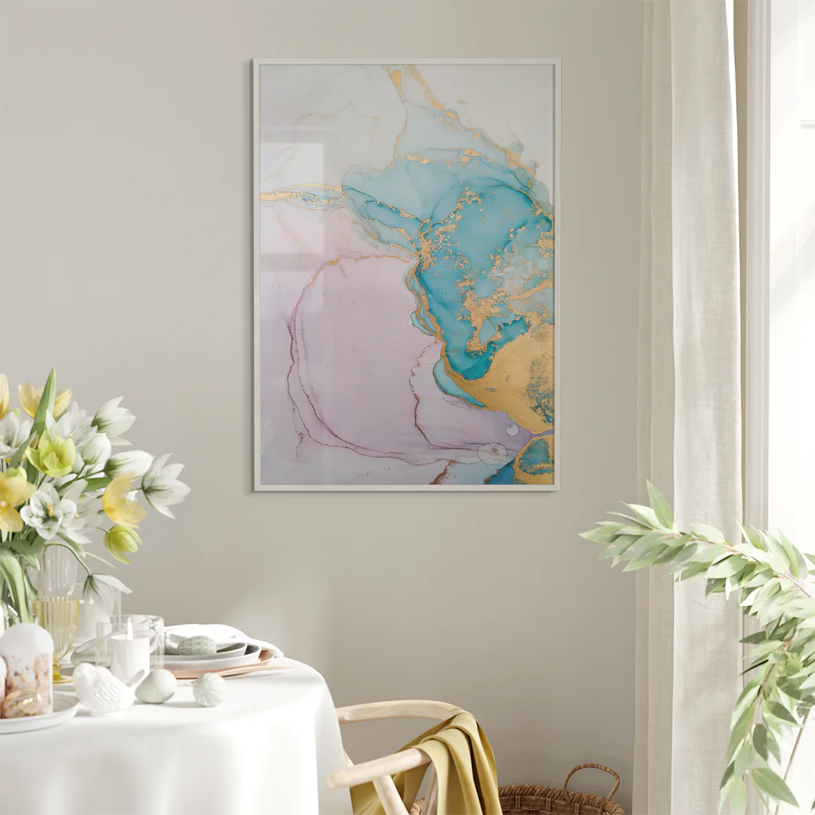 Luxurious abstract canvas featuring a blend of pastel pink and turquoise with gold accents