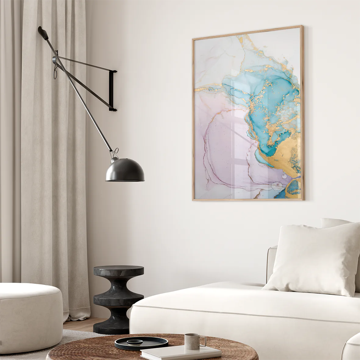 Luxurious abstract canvas featuring a blend of pastel pink and turquoise with gold accents