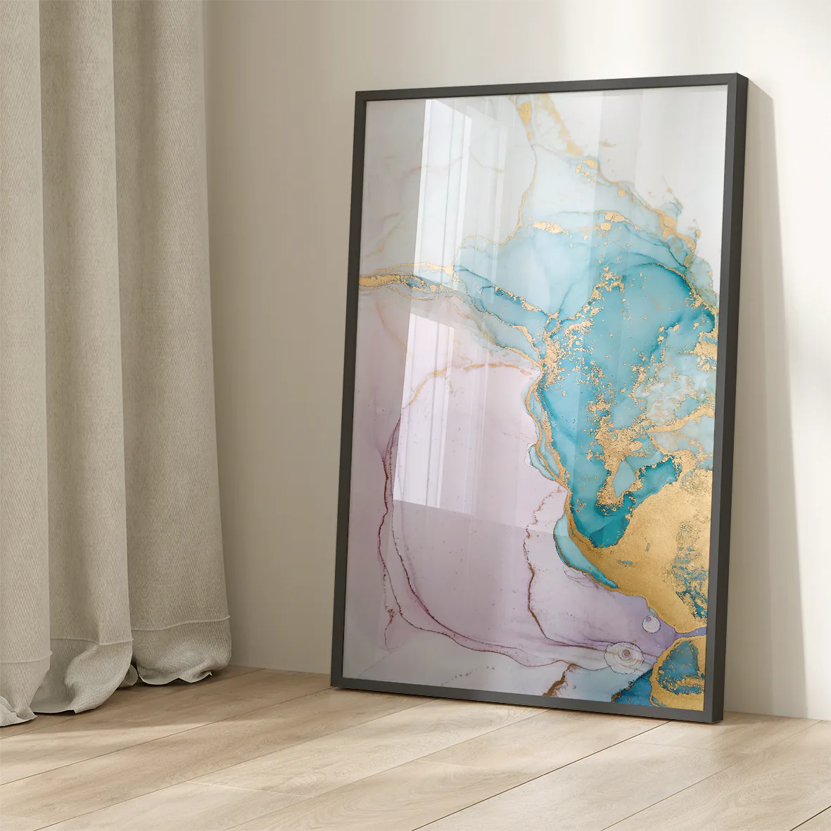 Luxurious abstract canvas featuring a blend of pastel pink and turquoise with gold accents