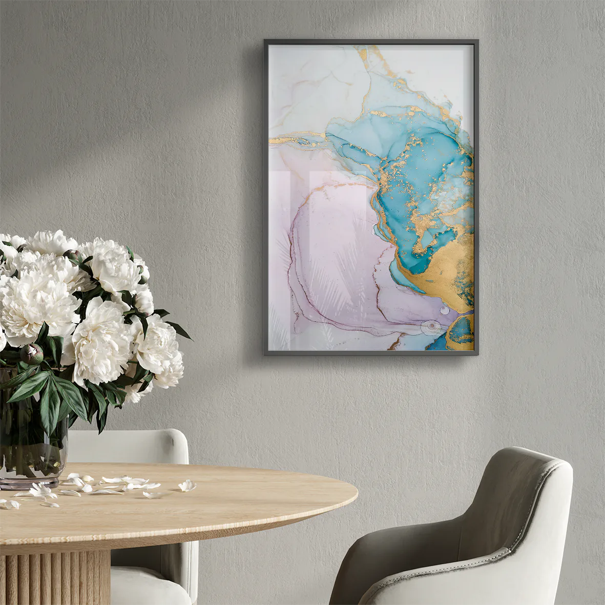 Luxurious abstract canvas featuring a blend of pastel pink and turquoise with gold accents