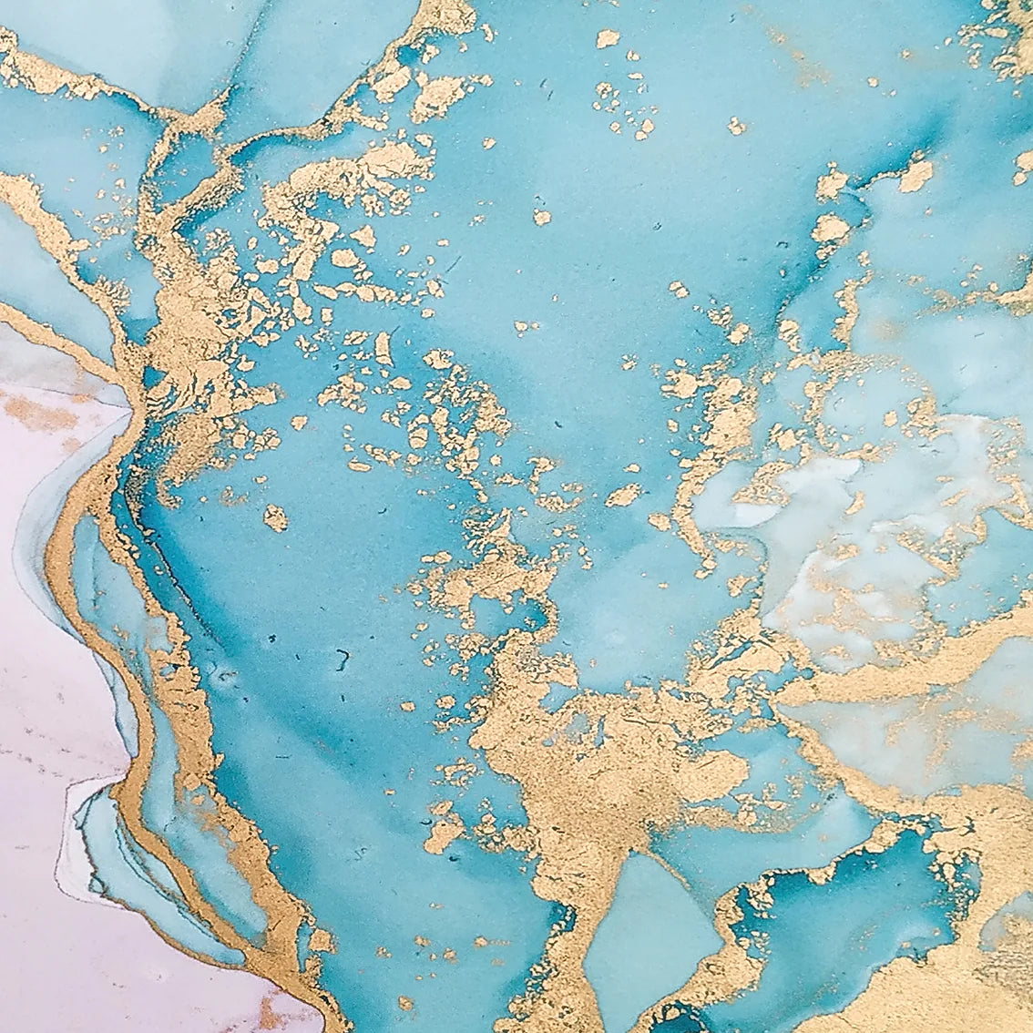 Luxurious abstract canvas featuring a blend of pastel pink and turquoise with gold accents