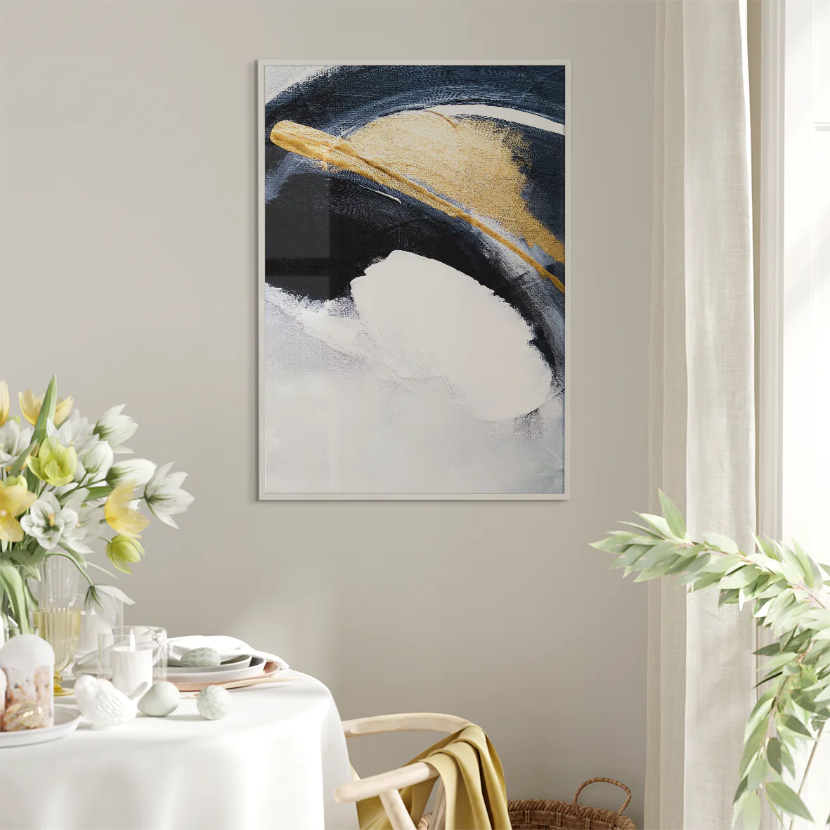 Sophisticated abstract painting with bold white and navy brushstrokes and gold touches