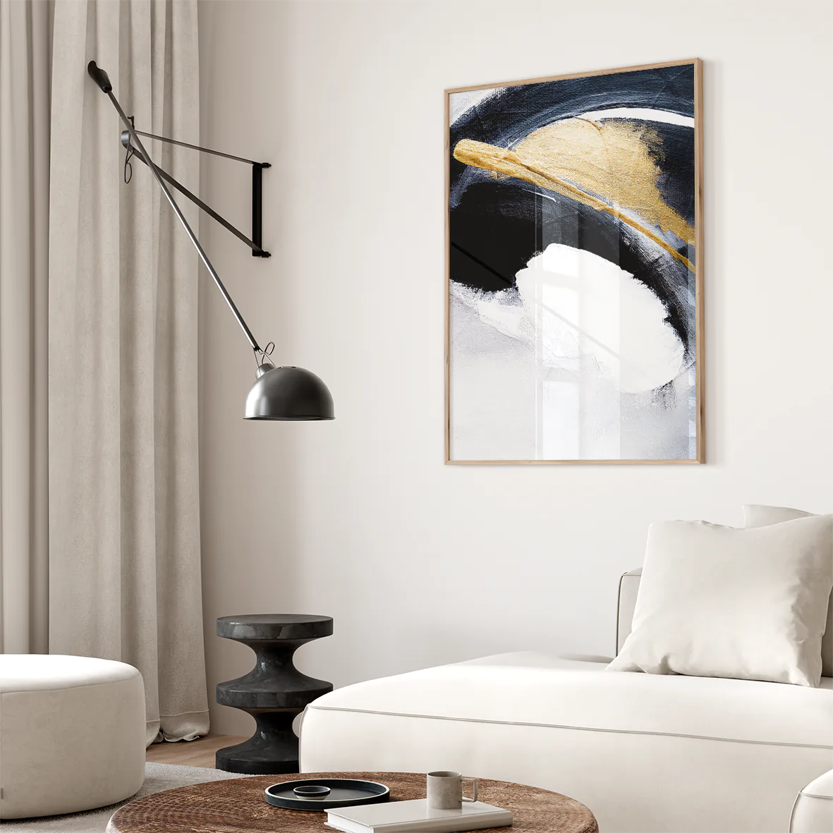 Sophisticated abstract painting with bold white and navy brushstrokes and gold touches