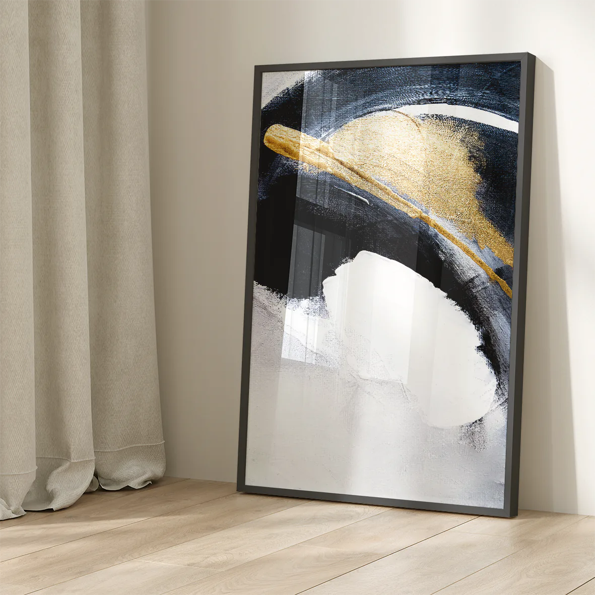 Sophisticated abstract painting with bold white and navy brushstrokes and gold touches