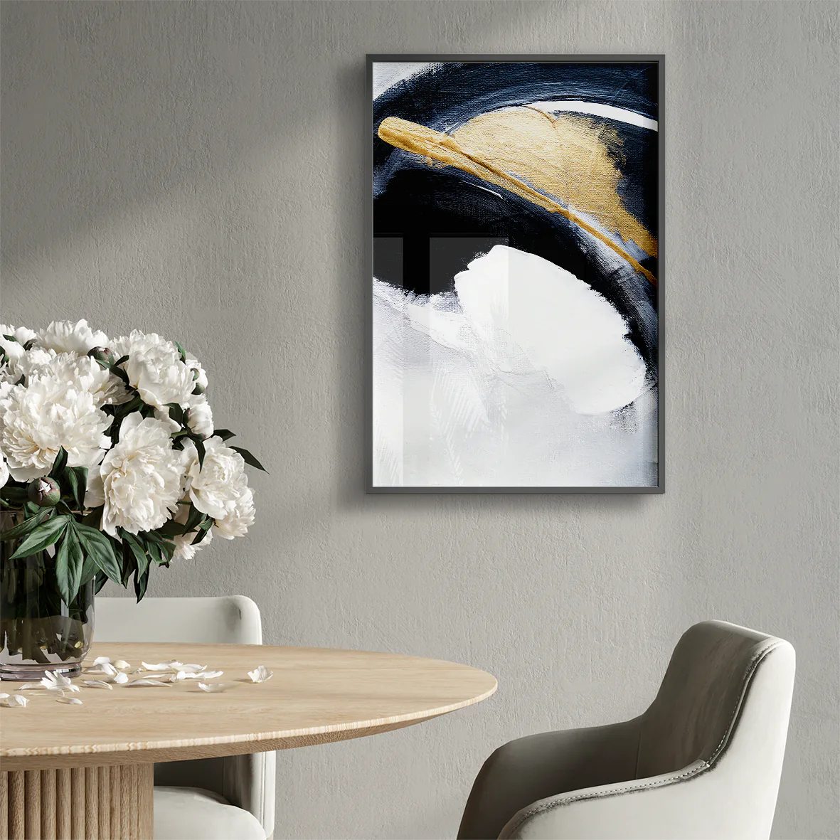 Sophisticated abstract painting with bold white and navy brushstrokes and gold touches