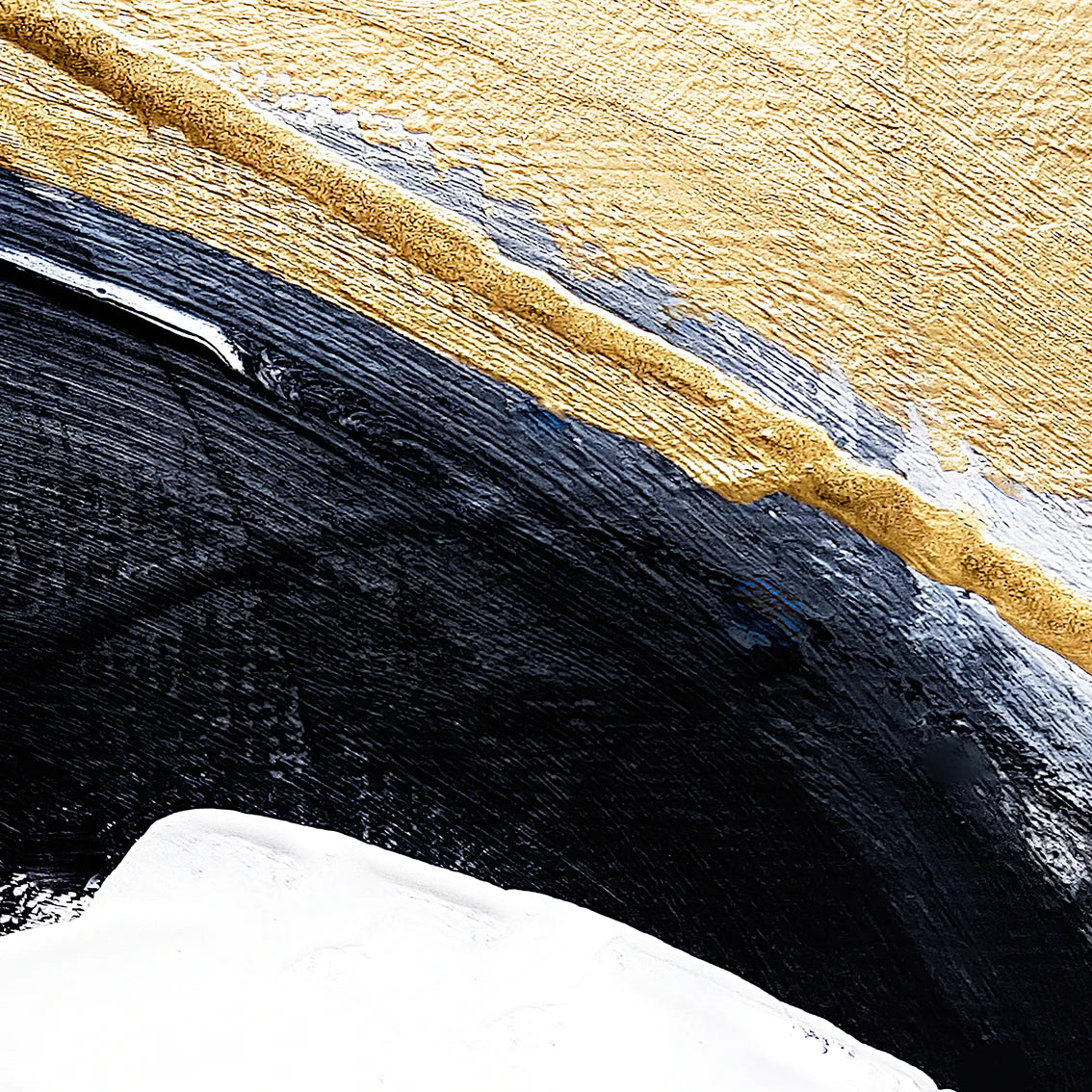 Sophisticated abstract painting with bold white and navy brushstrokes and gold touches