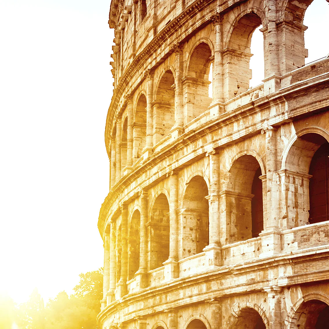 Wall art of the Colosseum in Rome with the sun rising behind it