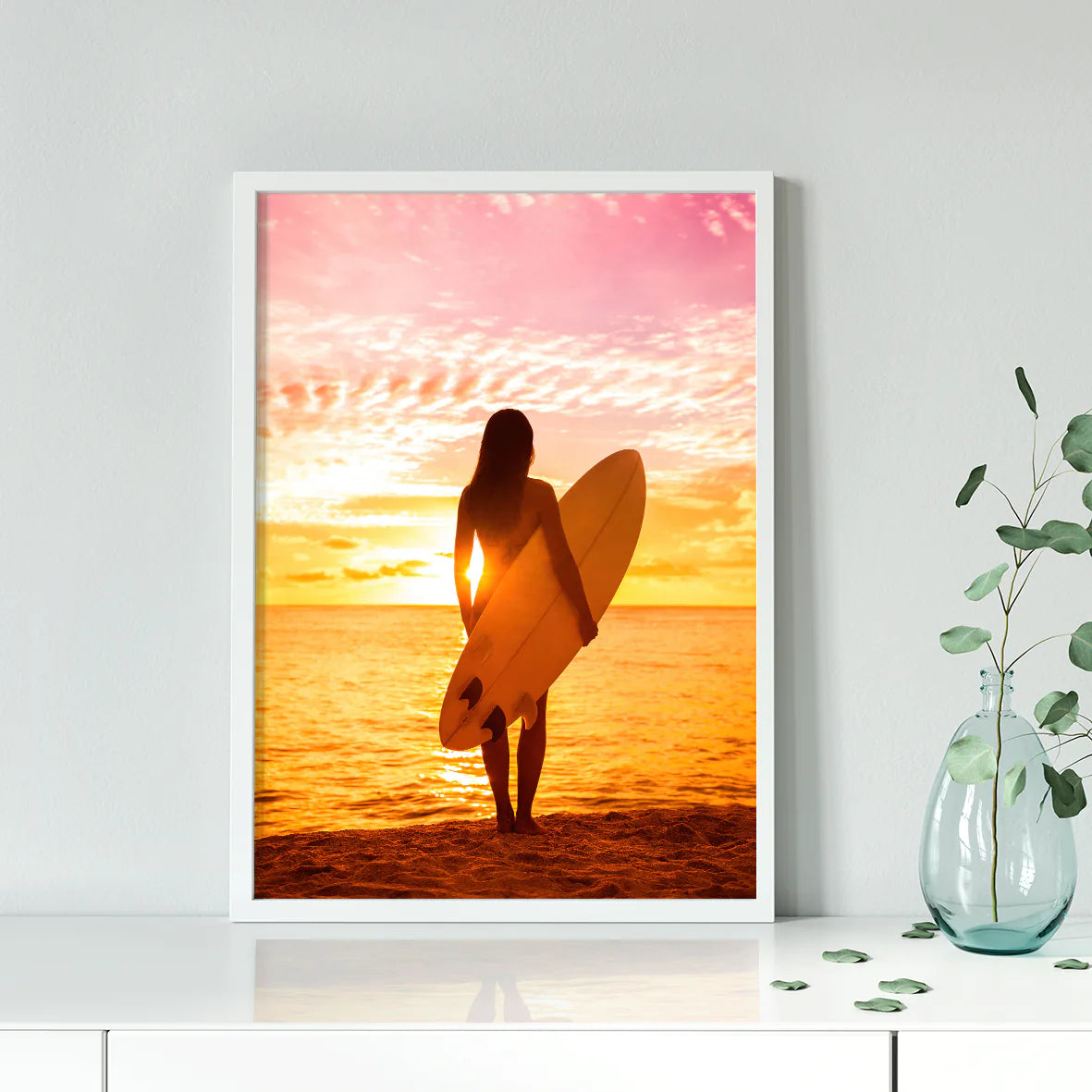 Surfer Girl. Pink Sunset, Designer Fashion Print