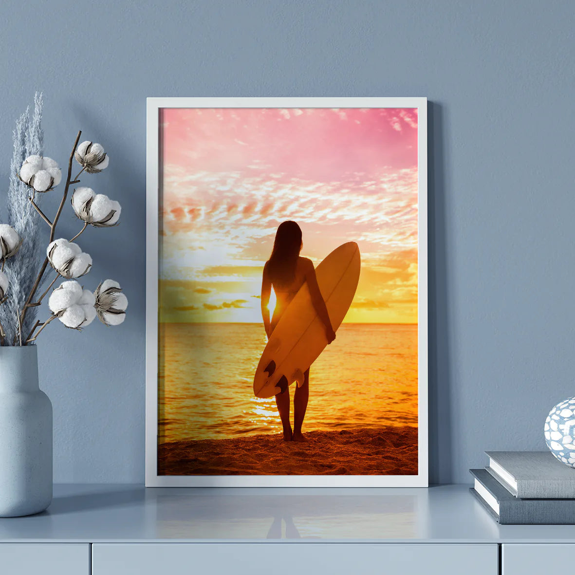 Surfer Girl. Pink Sunset, Designer Fashion Print