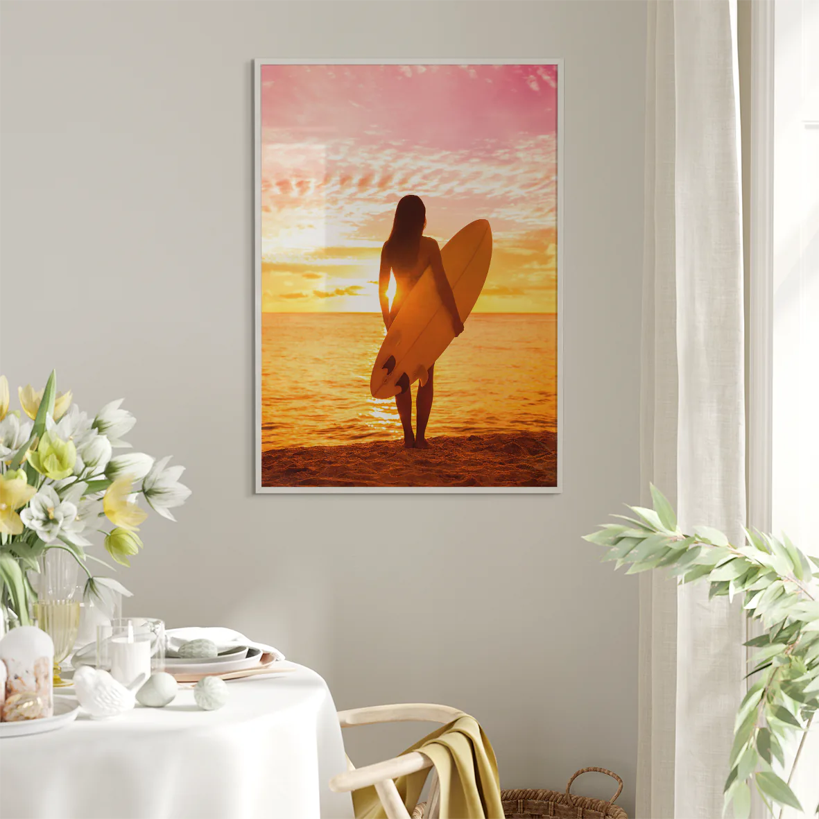 Surfer Girl. Pink Sunset, Designer Fashion Print