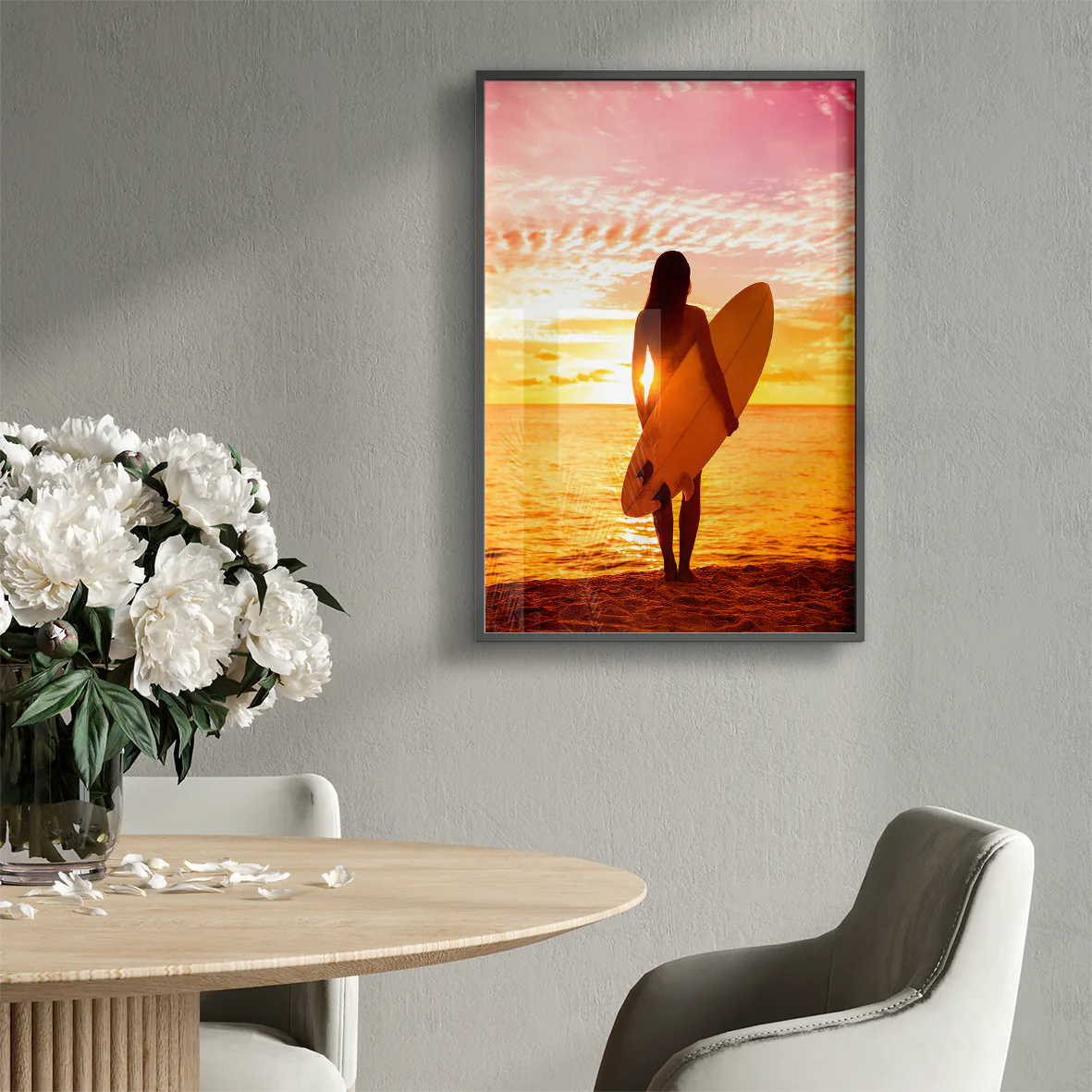 Surfer Girl. Pink Sunset, Designer Fashion Print