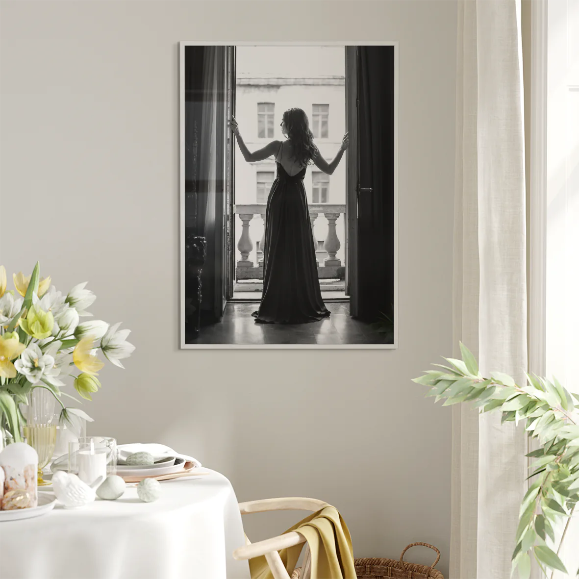 Elegant lady in silhouette against the bright light of an open window