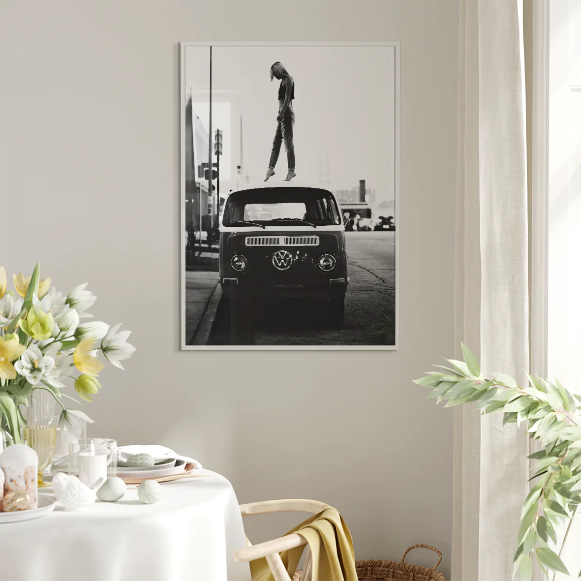 Retro-inspired wall print featuring a person atop a classic VW van