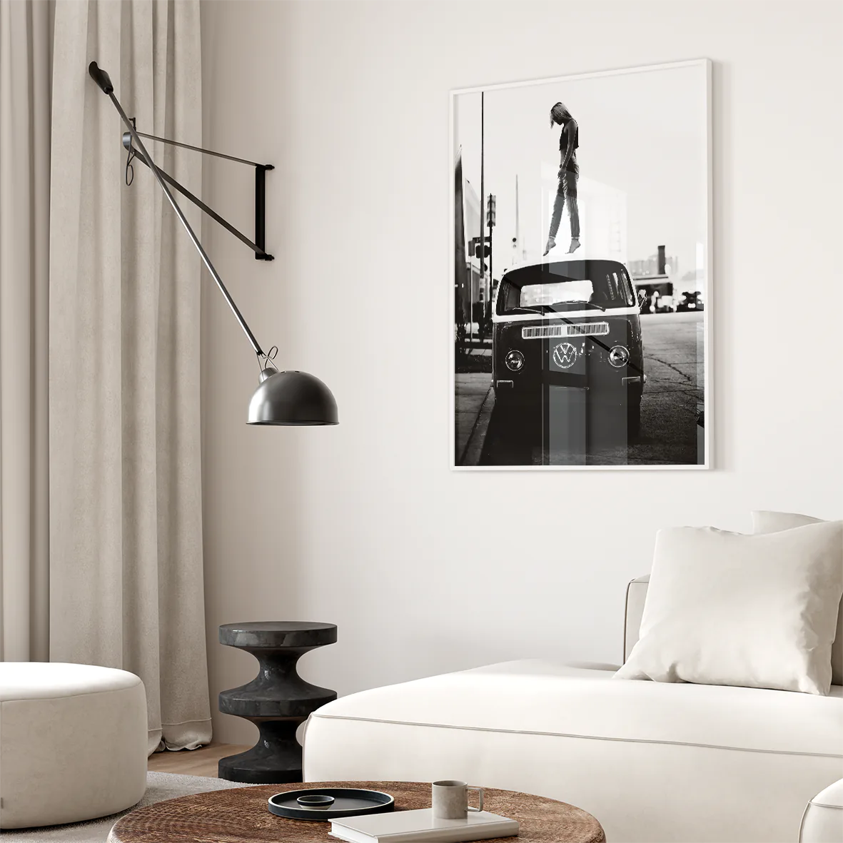 Retro-inspired wall print featuring a person atop a classic VW van