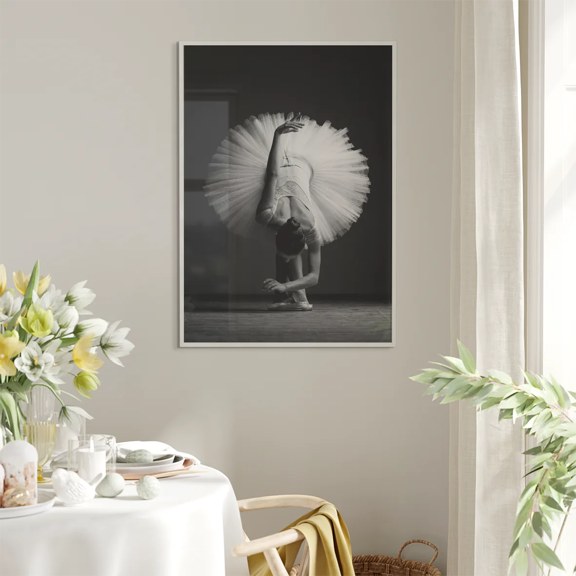 Elegant ballerina captured in a serene, graceful pose for sophisticated dance-themed decor