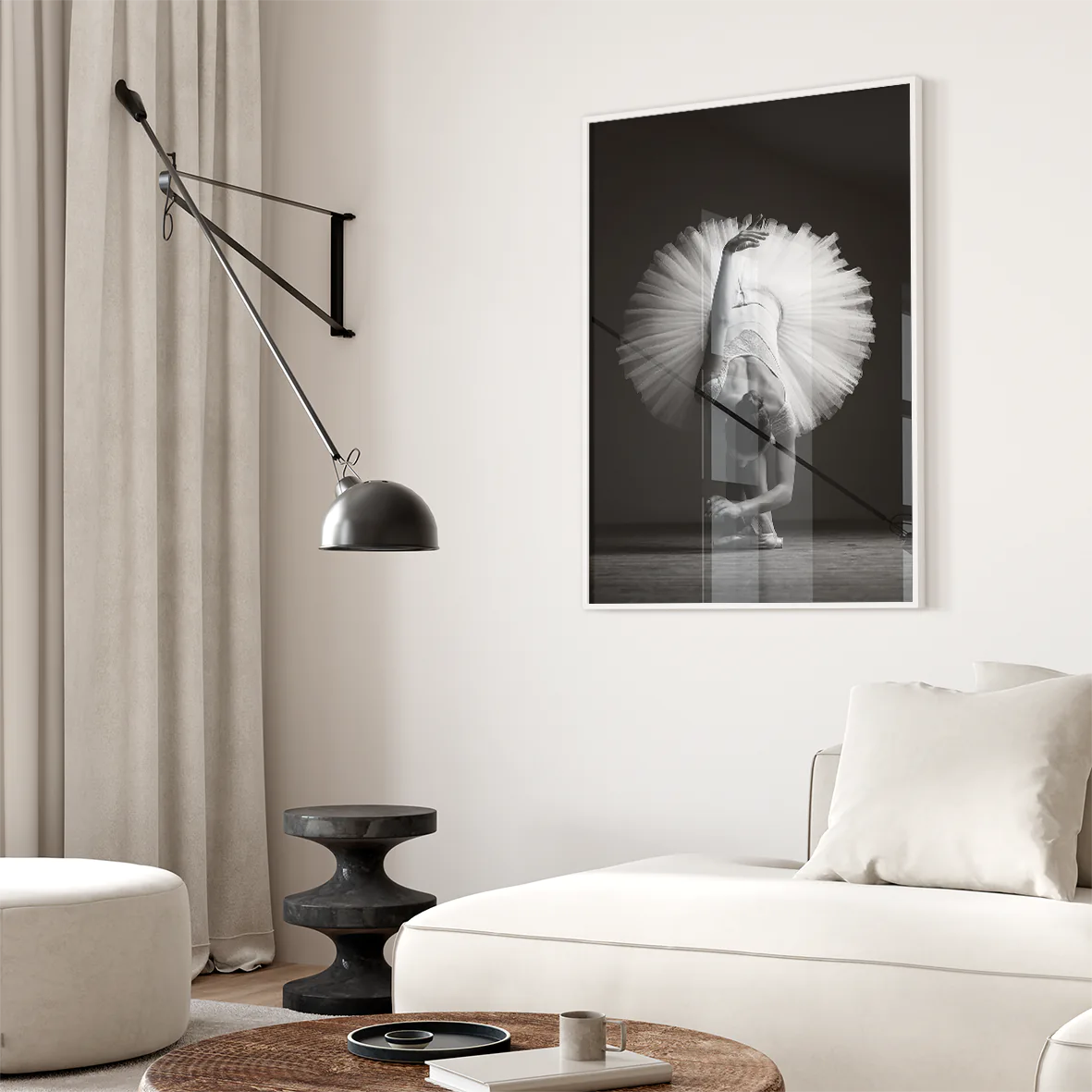 Elegant ballerina captured in a serene, graceful pose for sophisticated dance-themed decor