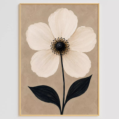 トープ背景に白い一輪の花と黒い茎・葉を描いたボタニカルアートポスター