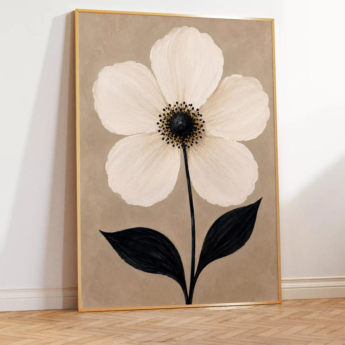 木の床に立て掛けた、白い花びらと黒い茎・葉が際立つボタニカルアート