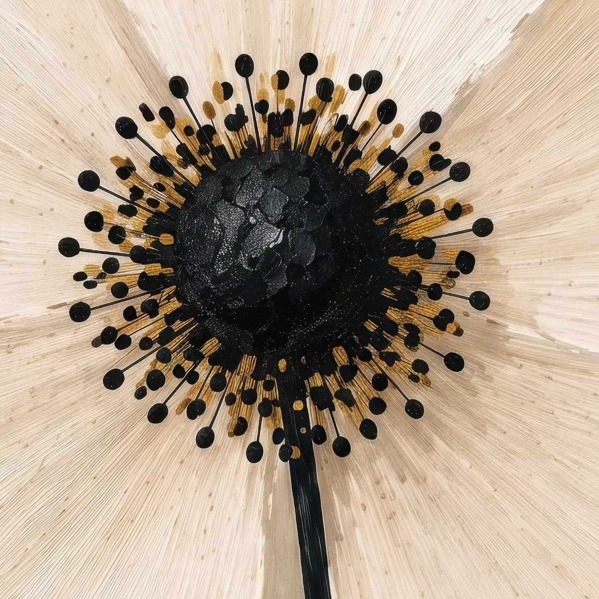 白い花びらの筆タッチと黒い花芯、その周囲の点状の描写を写した拡大