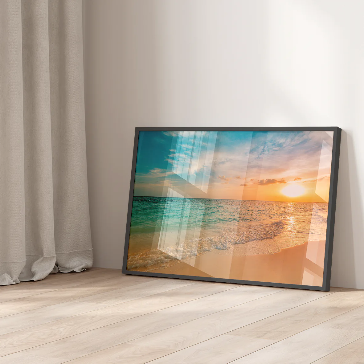 Breathtaking beach sunset wall art with the sun setting over a calm ocean, reflecting warm colors on the water.