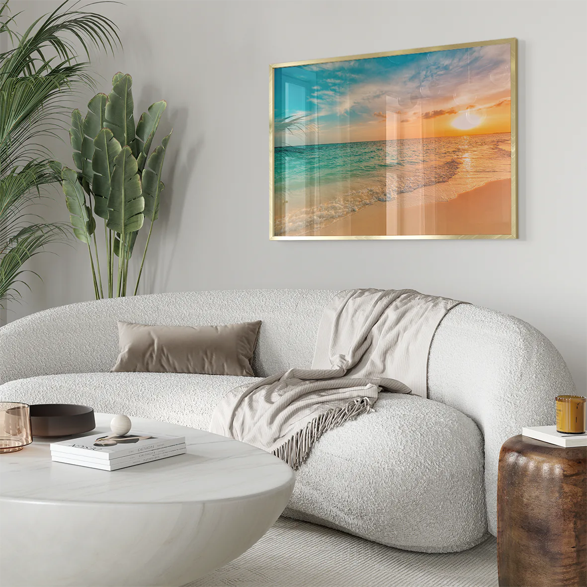 Breathtaking beach sunset wall art with the sun setting over a calm ocean, reflecting warm colors on the water.