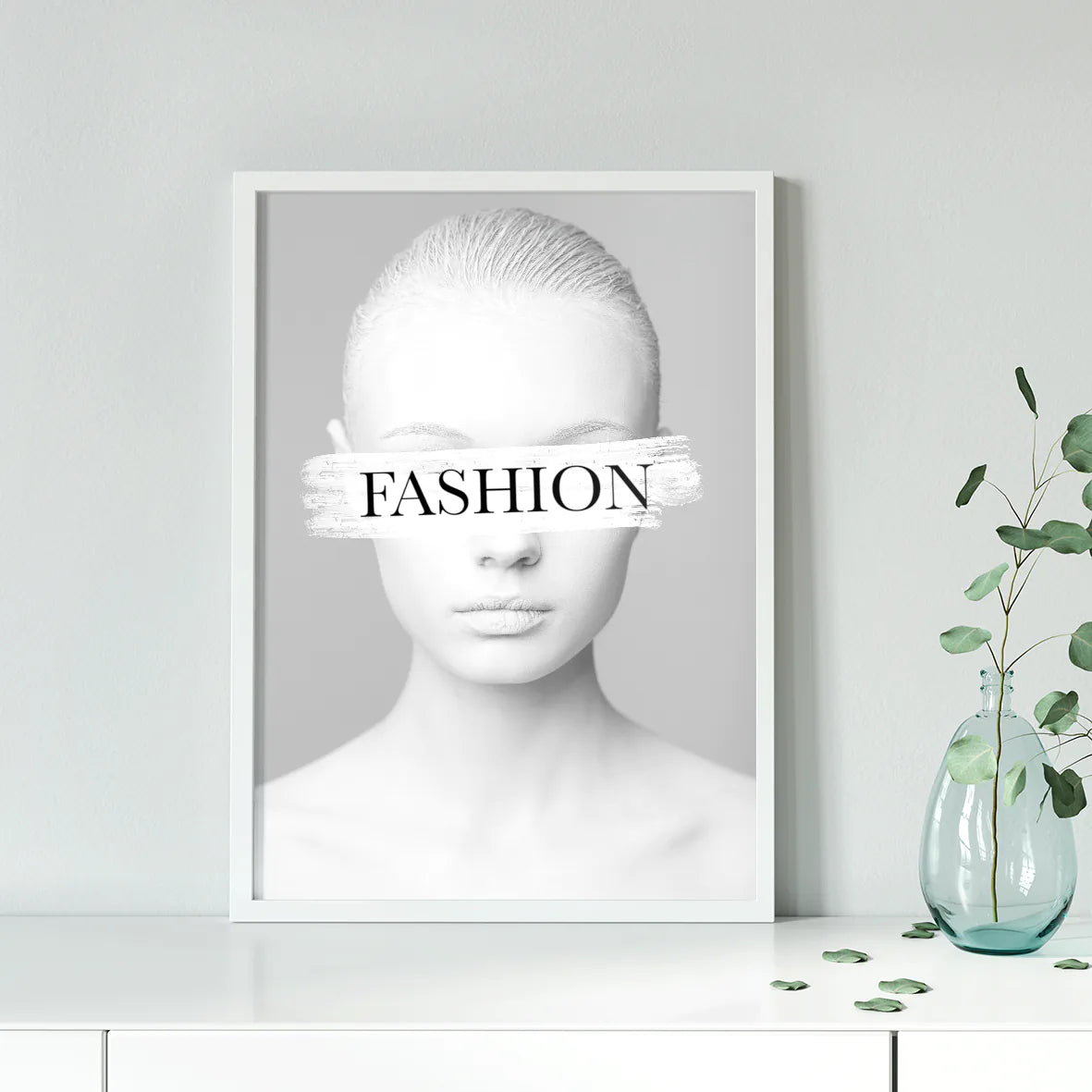 Fashion-forward wall art print with 'FASHION' text across a model's eyes