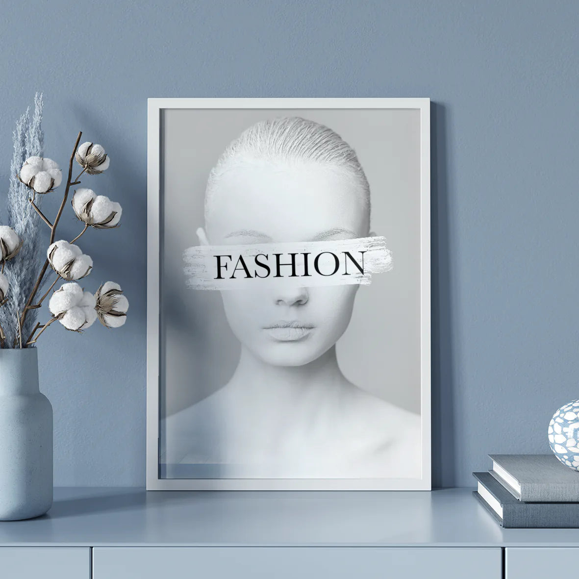 Fashion-forward wall art print with 'FASHION' text across a model's eyes