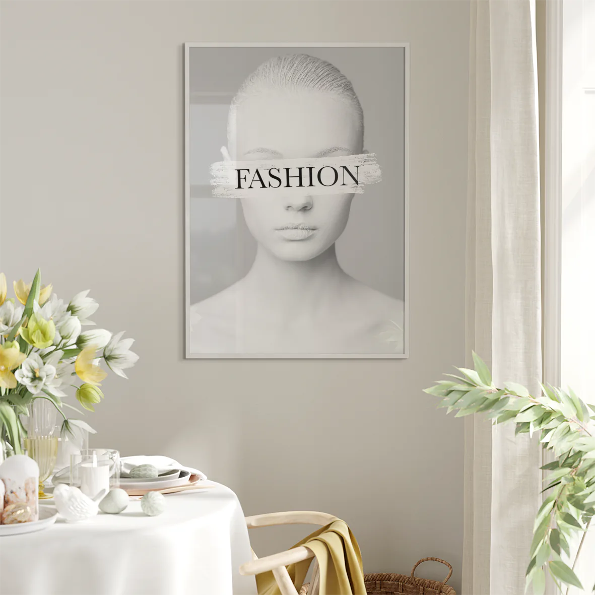 Fashion-forward wall art print with 'FASHION' text across a model's eyes