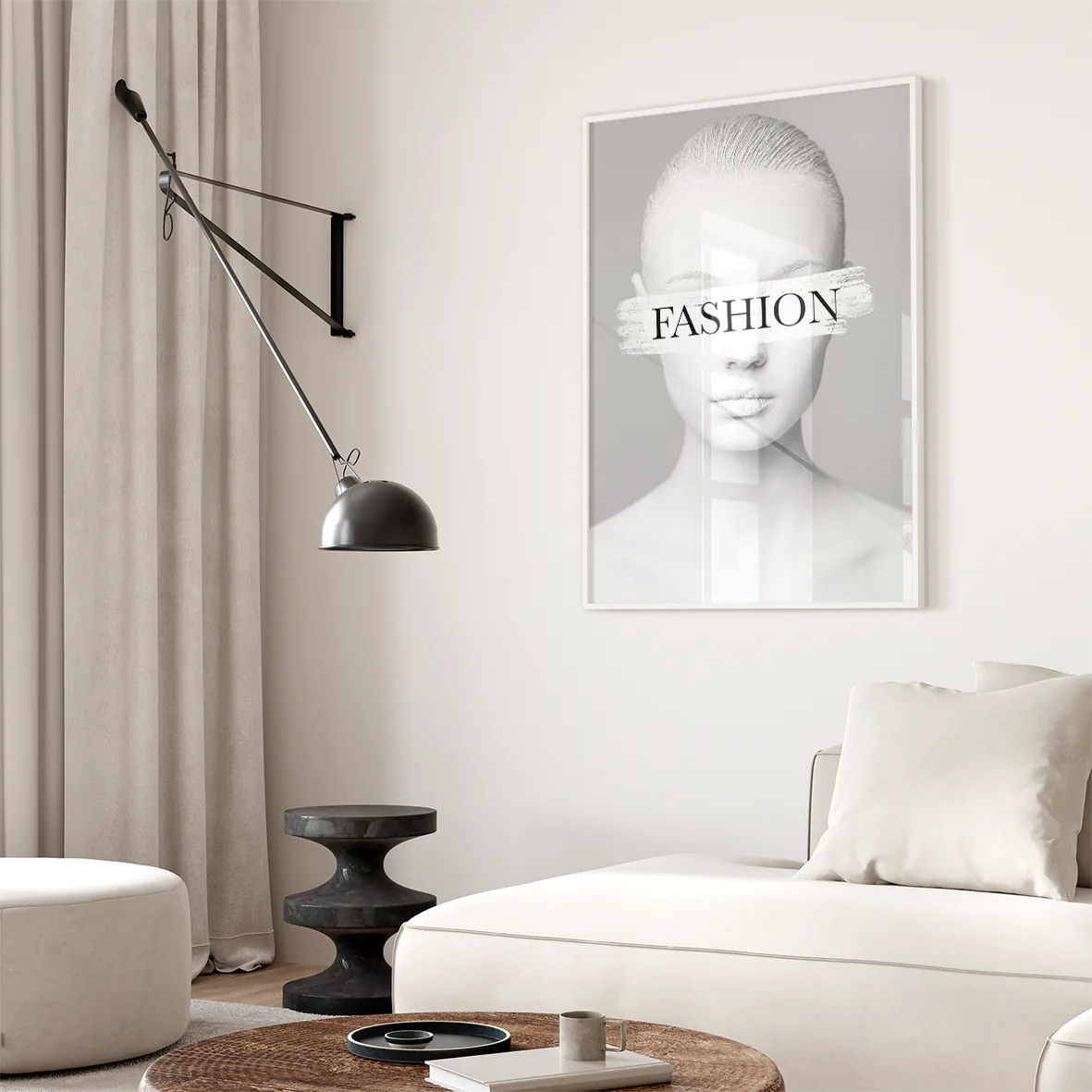 Fashion-forward wall art print with 'FASHION' text across a model's eyes