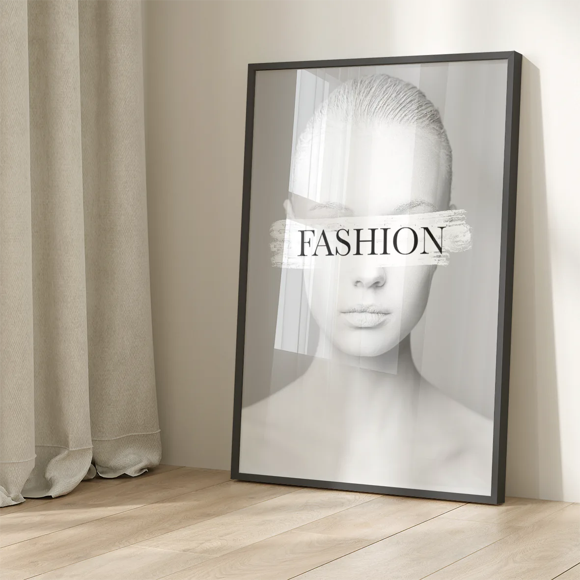 Fashion-forward wall art print with 'FASHION' text across a model's eyes