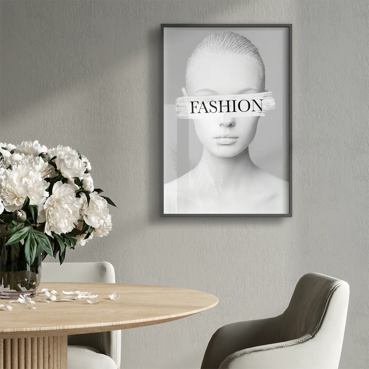 Fashion-forward wall art print with 'FASHION' text across a model's eyes