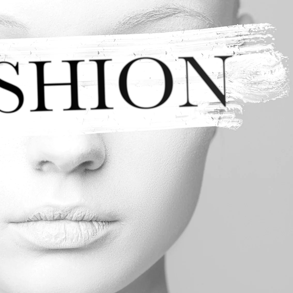 Fashion-forward wall art print with 'FASHION' text across a model's eyes