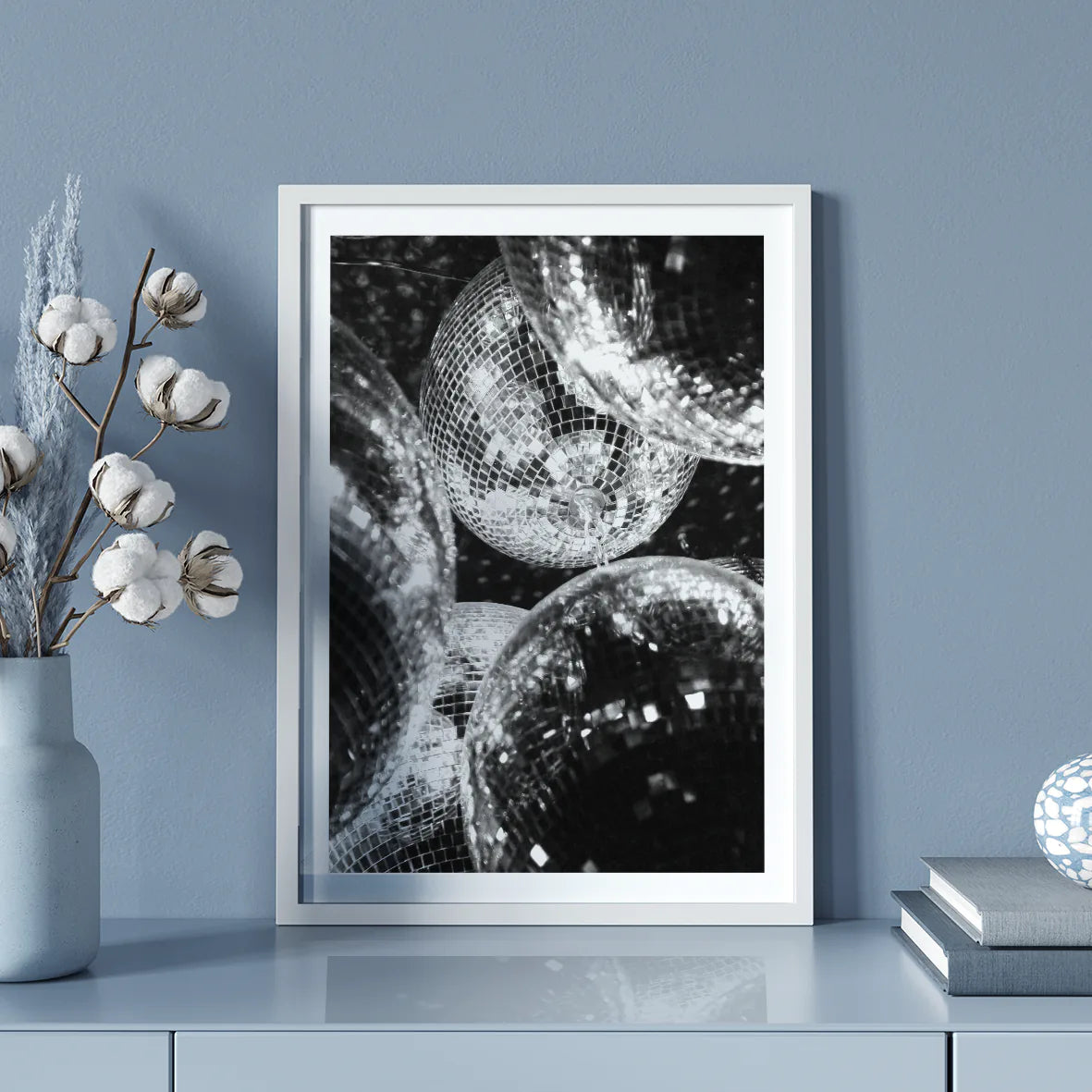 Artistic print of clustered disco balls with light reflections