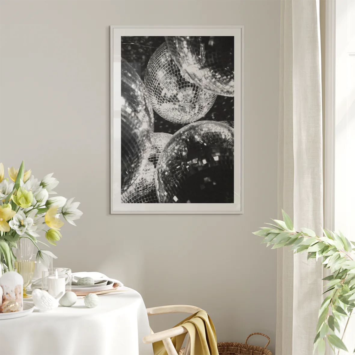 Artistic print of clustered disco balls with light reflections