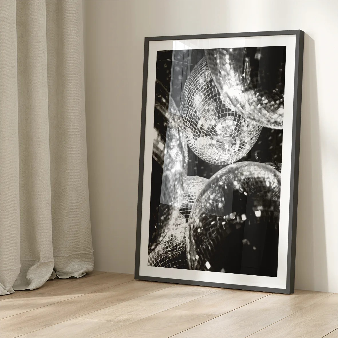 Artistic print of clustered disco balls with light reflections