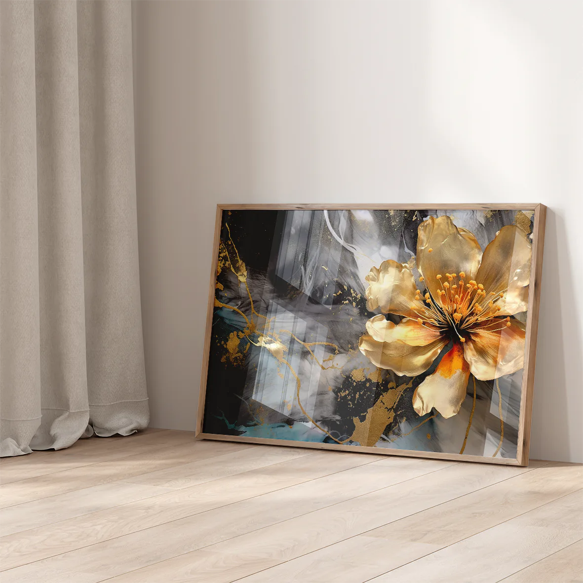 Artistic wall art print of a golden flower against a marbled grey and black background with gold splashes