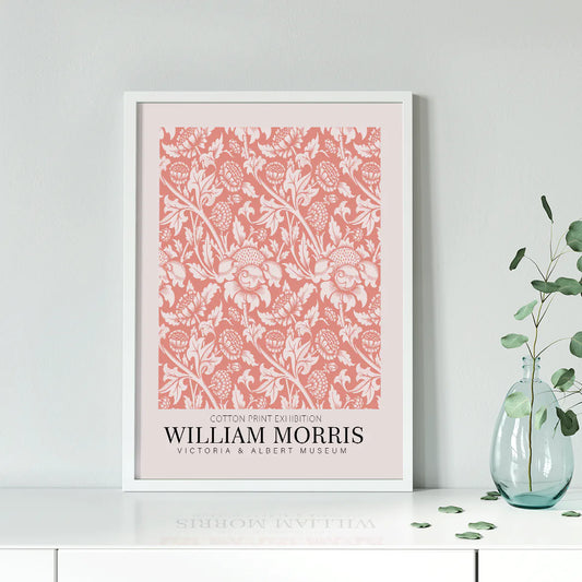 Detailed botanical cotton print in coral by William Morris