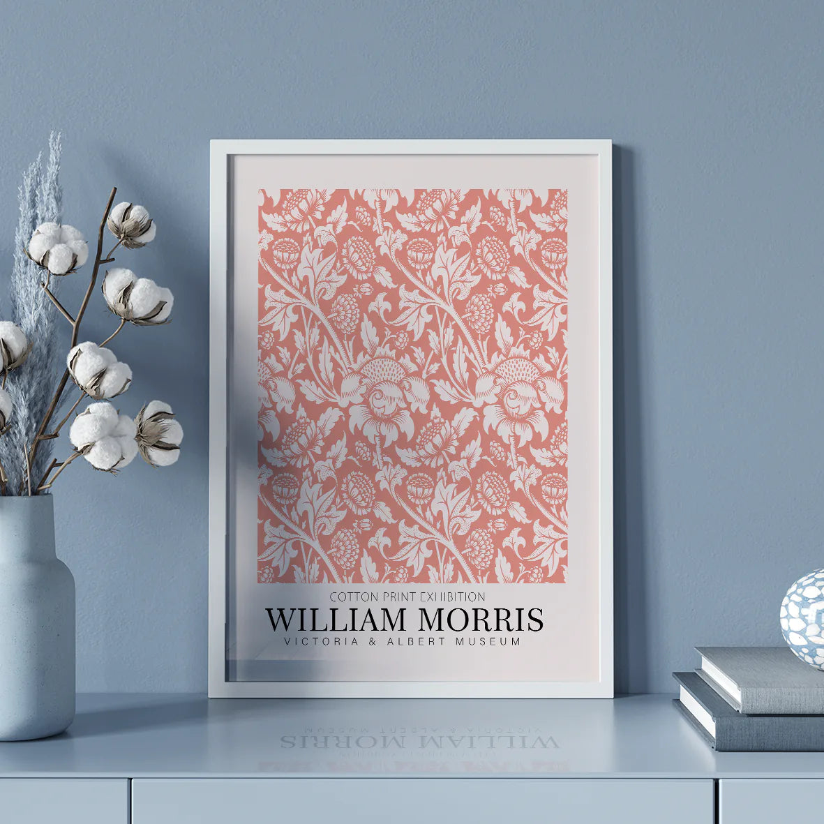 Detailed botanical cotton print in coral by William Morris