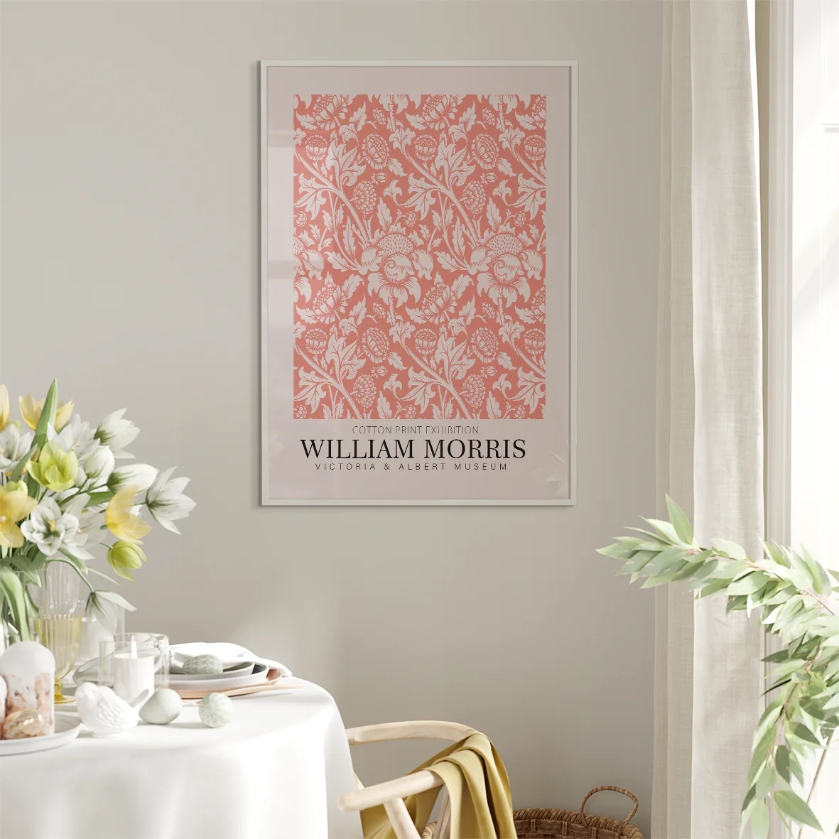 Detailed botanical cotton print in coral by William Morris