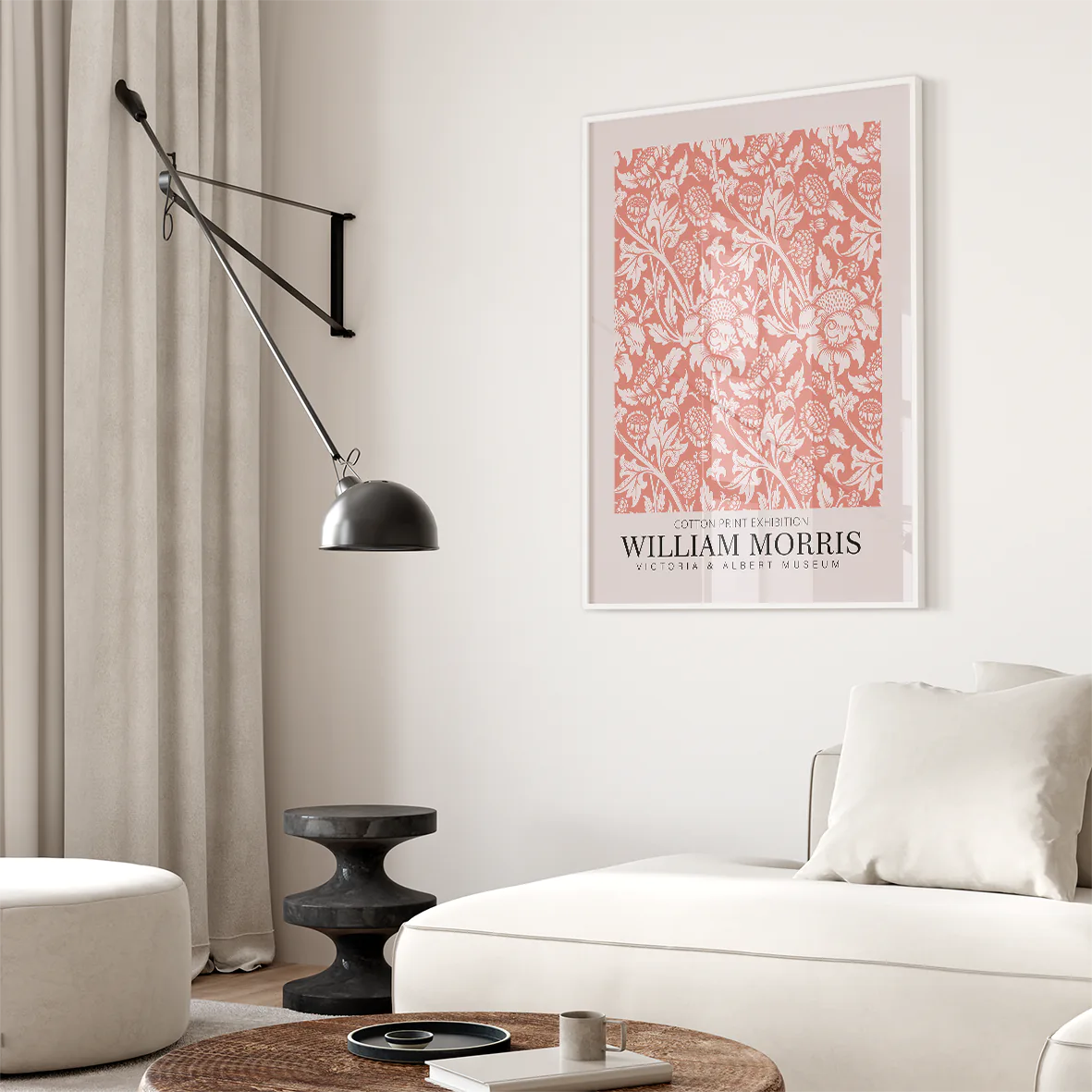 Detailed botanical cotton print in coral by William Morris