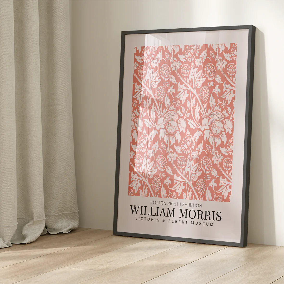 Detailed botanical cotton print in coral by William Morris